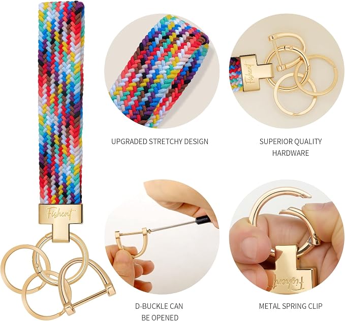 Fishent Stretchy Wristlet Keychain, Cute Key Chain, Woven Wrist Lanyard for Car Keys with 3 Keyrings and D-ring for Women Men