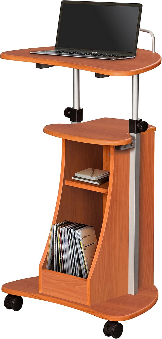 Techni Mobili Adjustable Height Rolling Laptop Cart with Storage, Woodgrain | Adjustable height rolling laptop cart with storage drawer, open shelf, wheels, sit‑stand design for office or medical use