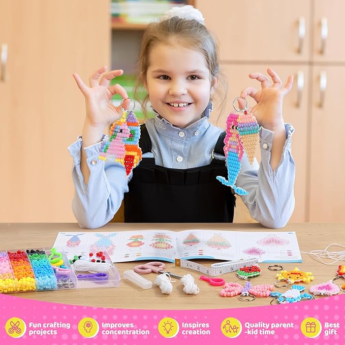 Funtopia Pony Beads Kit for Keychain Making, mini Pony Bead Pets for Kids Beginners，Includes Instructions for 15 Cute Designs and Storage Box, Kids Craft Kit for Rainy Day Group and Family Activities