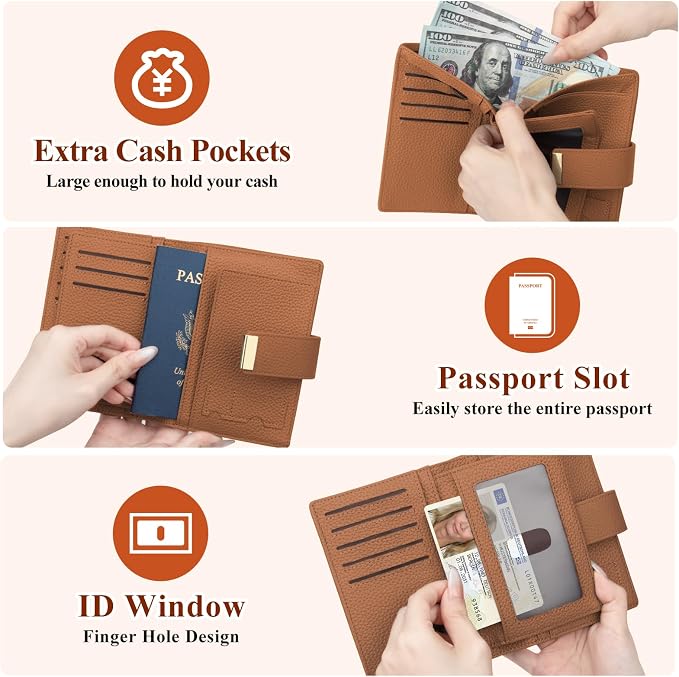 BKNOOU Passport Wallet with Airtag Slot- Leather Travel Passport Holder for Women & Men, Slim RFID Blocking Travel Passport Holder Holds Cards & Tickets & Cash (Brown)