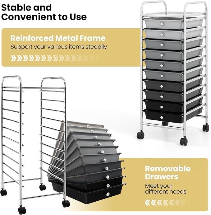 COSTWAY 10-Drawer Rolling Storage Cart, Utility Mobile Trolley | Removable Drawers & Universal Casters & 2 Brakes, Versatile Flexible Drawer Organizer Cart for Home, Office (Mixed Black)