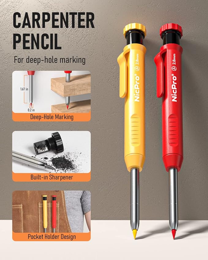 Nicpro 18 Pack Carpenter Pencil Set with Sharpener, Mechanical Carpenter Pencils with 76 Refills and Carbide Scribe Tool, Deep Hole Marker, Heavy Duty Construction Pencil for Architect-With Case | Heavy Duty Construction Pencils, Comfortable Grip Woodw...