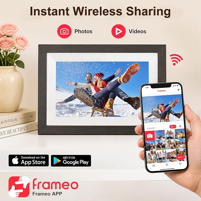 Digital Picture Frame, 10.1" Frameo Digital Frame WiFi with 1280x800 HD IPS Touch Screen, Auto-Rotate, Wall Mountable, Instant Share Photos & Videos from Phone via App, Brown Wood
