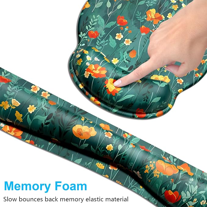 Dapesuom Keyboard Wrist Rest and Mouse Pad with Wrist Support, Cute Memory Foam Cushion for Keyboard and Mouse Set, Desktop Pad Rests with Non Slip Base for Easy Typing & Pain Relief, Forest Flowers