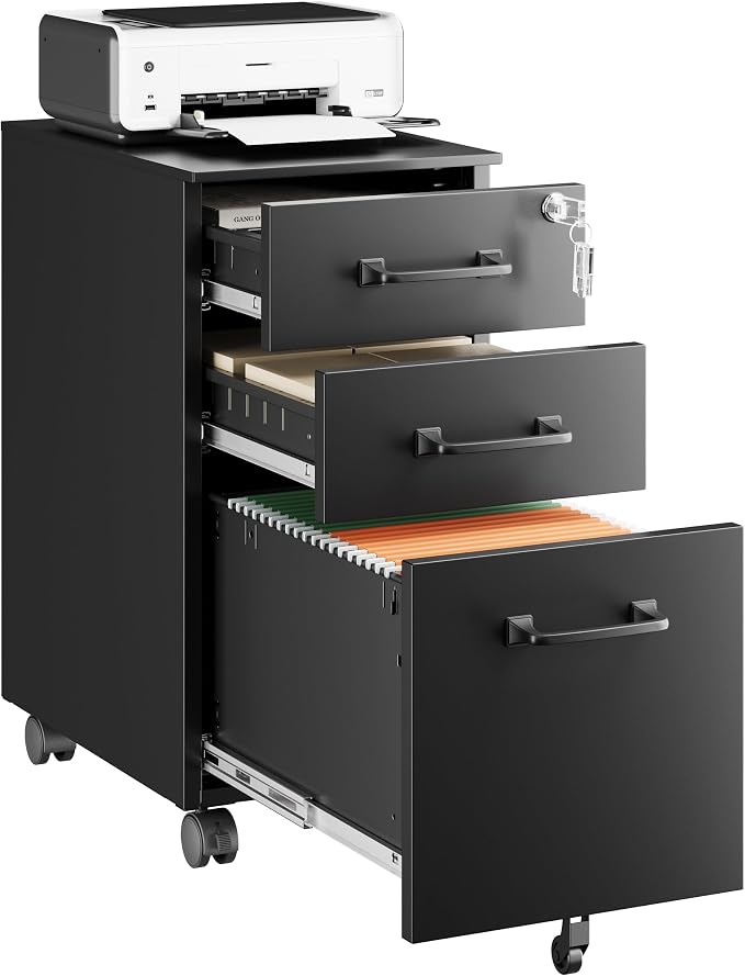3 Drawer Mobile File Cabinet with Lock,Under Desk Metal Filing Cabinets for Home Office Organizer,Small Rolling Printer Stand with Wheels,for Letters/Legal/A4(Assembly Required) (Black)