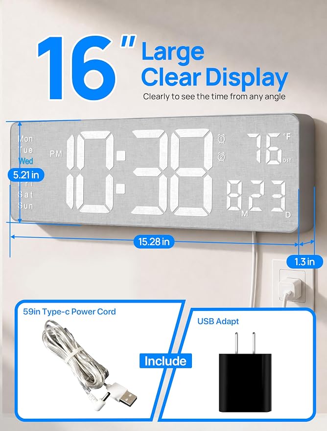 MASHI 2026 Upgrade Digital Wall Clock, 16" Large Display Digital Clock with Remote Control, Auto-Dimming Wall Clock with Night Light, DST, Date Week,Temp for Living Room, Gift for Elderly (Grey)