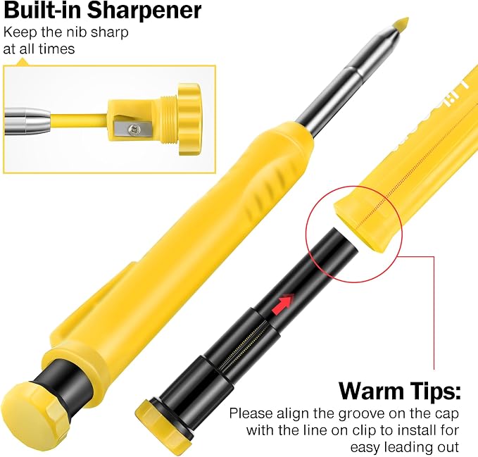 Hiboom 2 Pack Carpenter Pencils with Pencil Cap and 18 Refills, Yellow | Mechanical Pencil, Deep Hole Marking, Built-In Sharpener, Long Nose Tip, Pocket Clip, Marks Many Surfaces, Woodworking Use