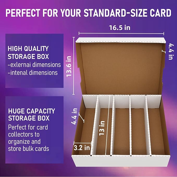 Trading Card Storage Box 5 Row,3950-count Cardboard Storage Box with 16 Pcs Dividers+24 Pcs Index Labels for Mtg, Tcg, Sports Cards (2 Pack-Large)