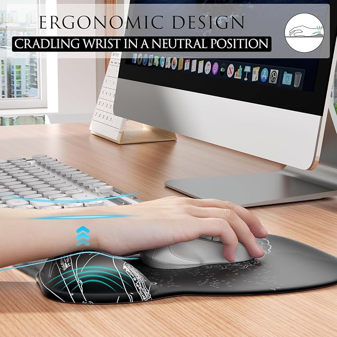 MROCO Ergonomic Mouse Pad with Gel Wrist Rest, 9.4 x 8.1 in, Kanagawa Wave | Ergonomic Shape Design, Multiple Pattern Options, Gel Wrist Comfort, Smooth Lycra Surface, Non-Slip PU Base
