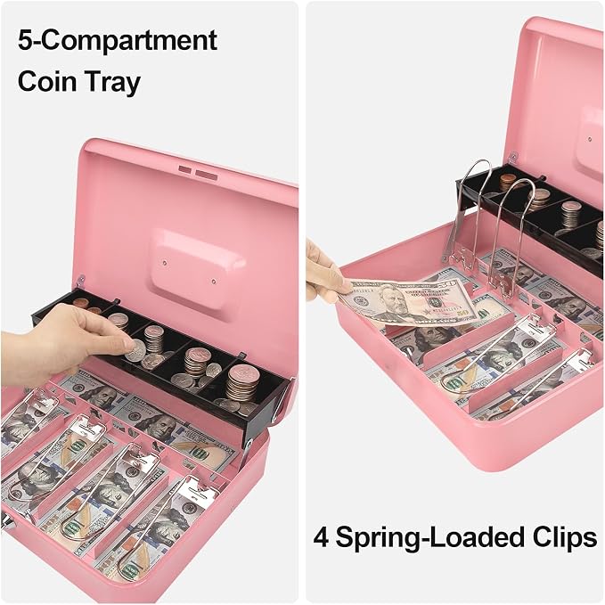 Jssmst Cash Box with Money Tray and Lock - Pink Cash Box with Key Lock Safe Money Box Large, Locking Register Drawer for Money, 11.8'' x 9.5'' x 3.5'', SM-CB005PK
