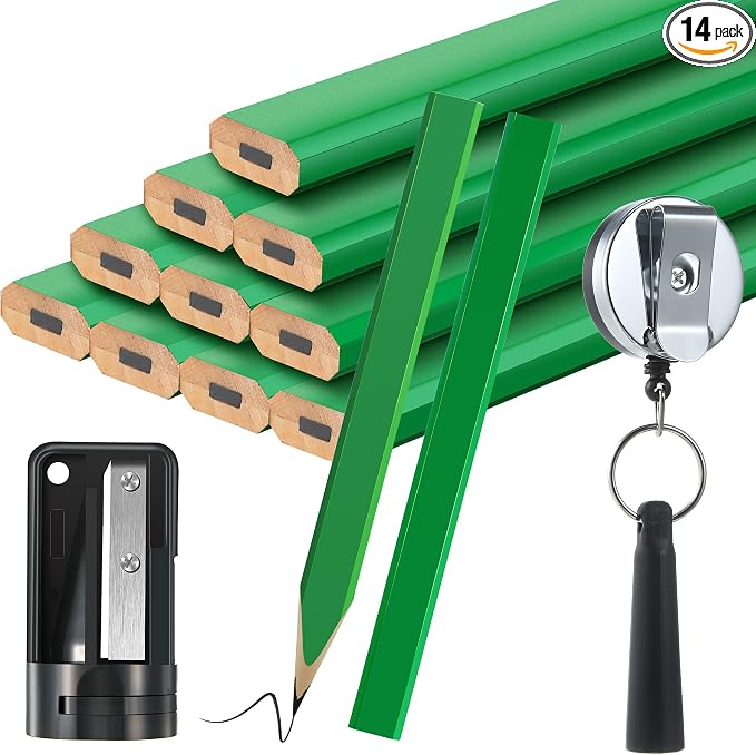 Hohean 14 Pcs Carpenter Pencils, 7 Inches Flat Octagonal Hard Woodworking Construction Pencils Heavy Duty with Pencil Sharpener and Retractable Pull Pen Holder for Contractor Carpentry (Green)