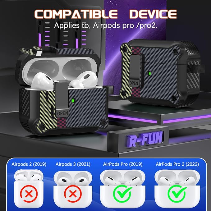 R-FUN for AirPods Pro 2 Case with Lock Magnetic Lid, CF Gray | Compatible with AirPods Pro 2nd Generation and AirPods Pro 1st Generation (2019) Case with Cleaner Kit & Carabiner, MagSafe