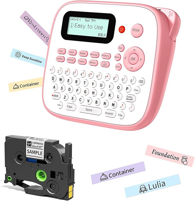 Pink Label Maker Machine with-Tape, Portable Kids Label Maker, QWERTY Keyboard Labeler Handheld, D210S Easy Labeler with Multiple Fonts Frame Barcode for Home Office School Supplies