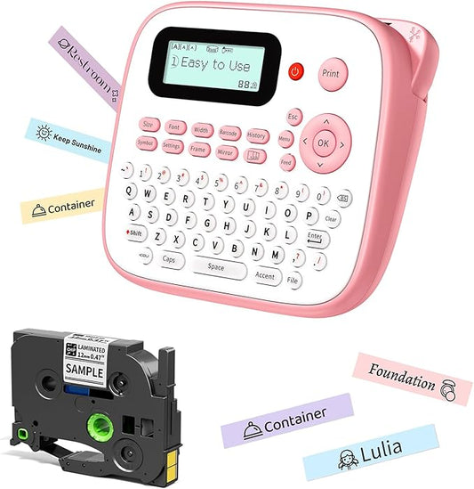 Pink Label Maker Machine with-Tape, Portable Kids Label Maker, QWERTY Keyboard Labeler Handheld, D210S Easy Labeler with Multiple Fonts Frame Barcode for Home Office School Supplies