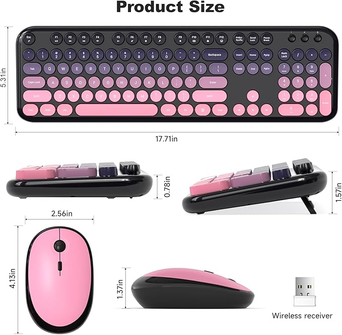 MOFII Wireless Keyboard and Mouse Combo, Full Size 2.4G Retro Round Computer Keyboard and Mouse Set, Plug and Play, for Windows, Computer, Desktop, PC, Notebook - (Lovely Plum Pink Gradient)