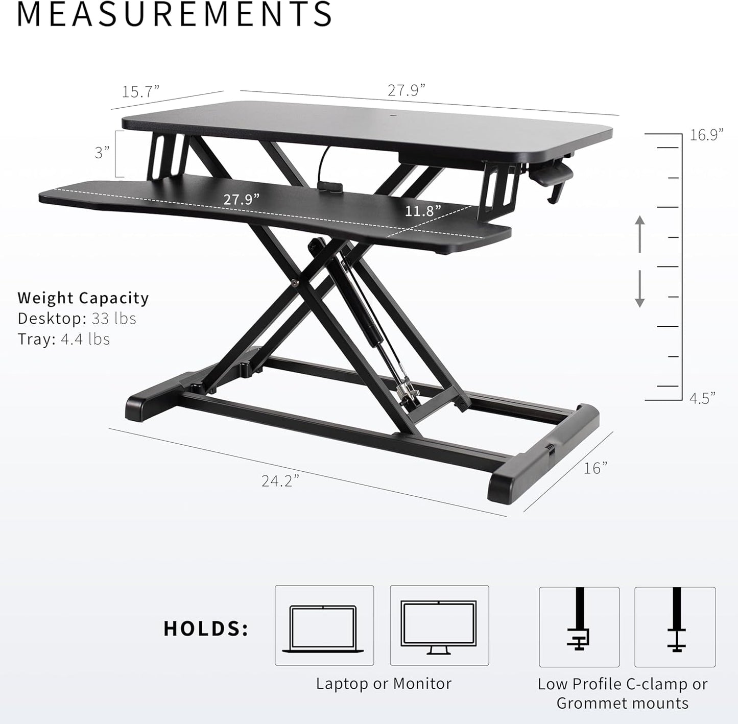 VIVO 28 inch Desk Converter, K Series, Height Adjustable Sit to Stand Riser, Dual Monitor and Laptop Workstation with Keyboard Tray, Black, DESK-V028KB