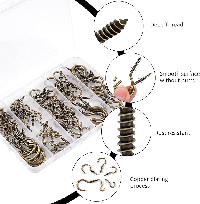 Romeda 90 Pcs Ceiling Hooks Kit - 6 Sizes Screw-in Hooks for Hanging (1/2", 5/8",3/4",7/8",1",1-1/4") (Bronze)