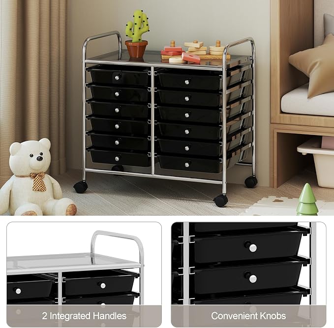 COSTWAY 12-Drawer Rolling Storage Cart, Utility Storage Organizer Cart | For Tools, Scrapbook, Paper, Craft, Multipurpose Art Supply Organizer on Wheels for Home Office School, Teacher, Black