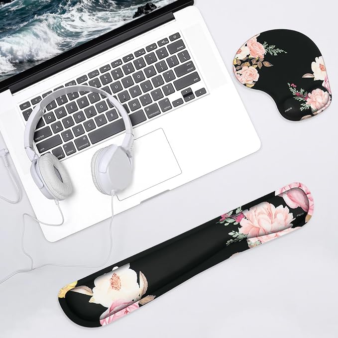 MOSISO Curved Wrist Rest Support for Mouse Pad&Keyboard Set, Black | Peony Ergonomic Mousepad Non-Slip Base Home/Office Pain Relief&Easy Typing Cushion with Neoprene Cloth&Raised Memory Foam
