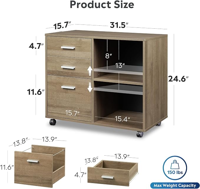 DEVAISE Wood File Cabinet, 3 Drawer Lateral Filing Cabinet, Gray Oak | Mobile Office Cabinet, Printer Stand, Open Storage Shelves, Letter & A4 Compatible, Home Office