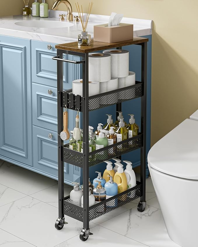 Slim Rolling Storage Cart 4 Tier Bathroom Organizer Mobile Shelving Unit Utility Cart with Wood Top and Handle for Kitchen Laundry Narrow Places, Black