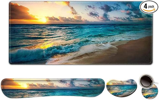 ToLuLu Mouse Pad, Memory Foam Ergonomic Keyboard Mouse Wrist Rest Support | Large Extended Gaming Desk Mat with Stitched Edges, Non-Slip Base Mousepad Set for Home Office Game and Study, Beach Sunset
