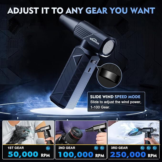 WHATOOK Compressed Air Duster: 180000RPM Air Blower with Stepless Speed Regulation Mode, Electric Air Duster with Brushless Motor, Air Duster for Keyboard, Computer, Car and Home Cleaning（Black）