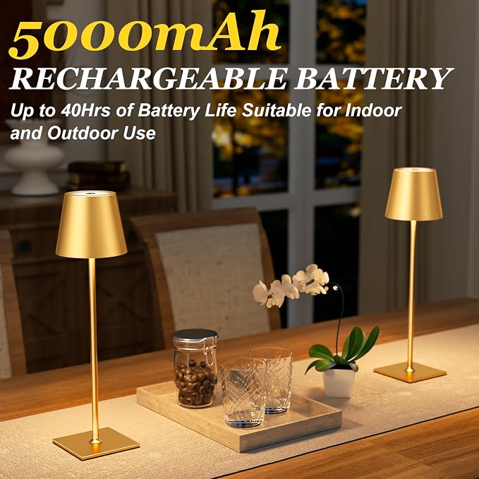 Kakanuo Gold Cordless Rechargeable Table Lamp 5000mAh Battery Operated Lamps, 3 Colors Stepless Dimming Touch Lamp for Living Room, Kitchen Counter, Dining, Outdoor Patio, 2 Pack