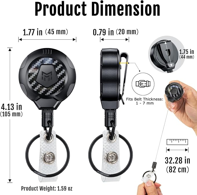 MNGARISTA Upgraded Heavy Duty Retractable Keychain with Belt Clip, 10 OZ Retraction, 31.5" Stainless Steel Cord Key Chain, 3K Carbon Fiber ID Badge Reel Holder with Badge Strap and Key Ring, 8 Pack