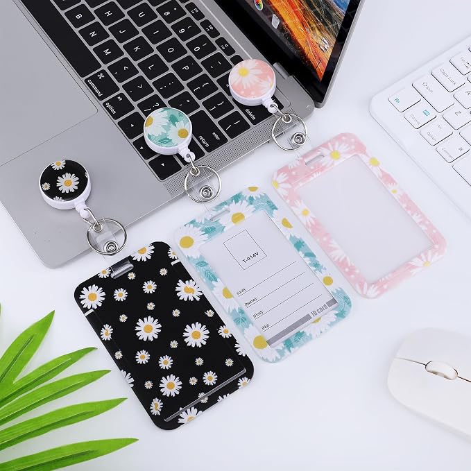 3 Set Daisy ID Badge Holder with Retractable Reel, Retractable ID Badge Holders with Clip Name Badge Holders for Teacher Nurse Doctor Student Office Workers