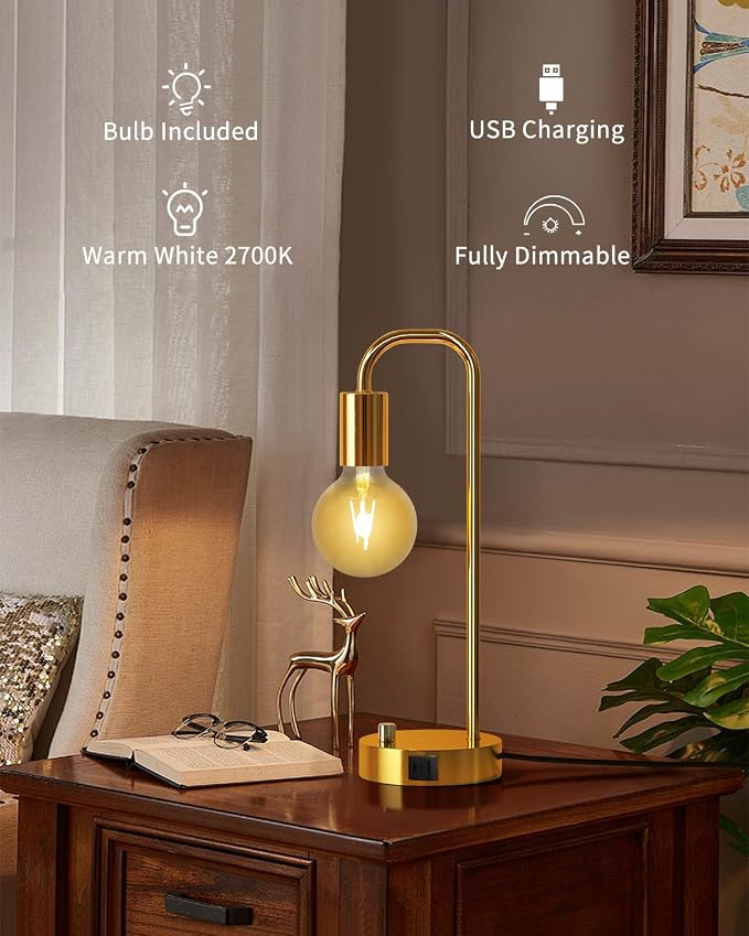 ONEWISH Industrial Table Lamp Set of 2 with USB A&C Charging Port, Stepless Dimmable Nightstand Bedside Lamps for Bedroom,Desk Lamps with 2700K Gold Gradient Bulb for Reading Living Room