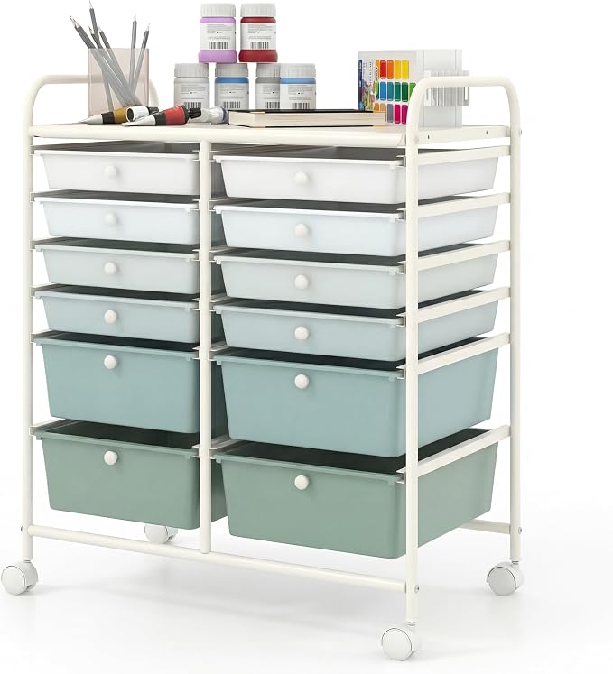 COSTWAY 12-Drawer Rolling Storage Cart, Moveable Art Craft Organizer | Lockable Wheels, Metal Shelf, Files Arrangement Tools Makeup Storage Cart for Office, Home, School (Green Gradient)