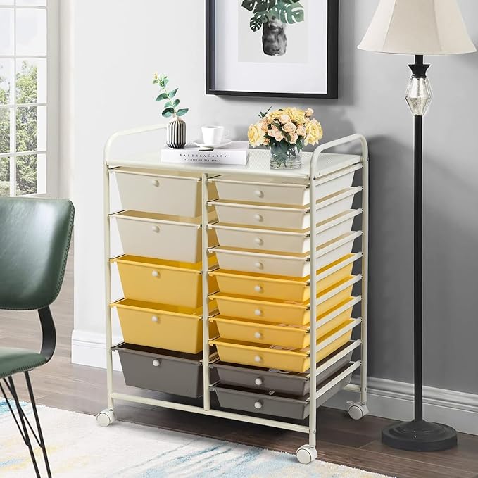 15 Drawer Rolling Storage Cart, Rolling Cart with Drawers for Classroom, Art Supply Craft Organizer on Wheel with Metal Frame & Handles for Home Office School
