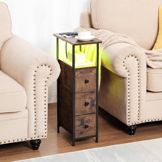 Narrow End Table with Charging Station, Small Nightstand | Skinny Side Tables Living Room with 3 Fabric Drawers, Slim Bedside Table with LED Lights for Bedroom, Small Spaces, Brown