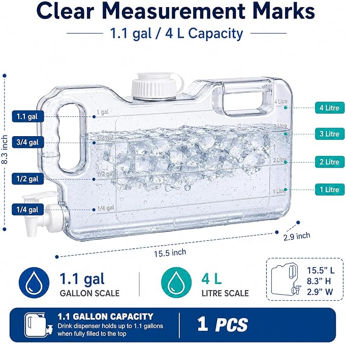 Fridge Water Dispenser with Leak-Proof Spigot, Reusable Refrigerator Drink Dispenser with Handle, Water Jug Beverage Container for Iced Tea, Juice, Lemonade, Party and Daily Use (1, 1.1 Gallon)
