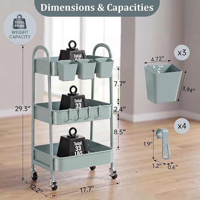 3-Tier Rolling Cart, Utility Cart Mobile Metal Rolling Storage Cart with Lockable Wheels & Hanging Cups & Hooks for Kitchen, Bathroom, Office, Workshop, Gray Blue