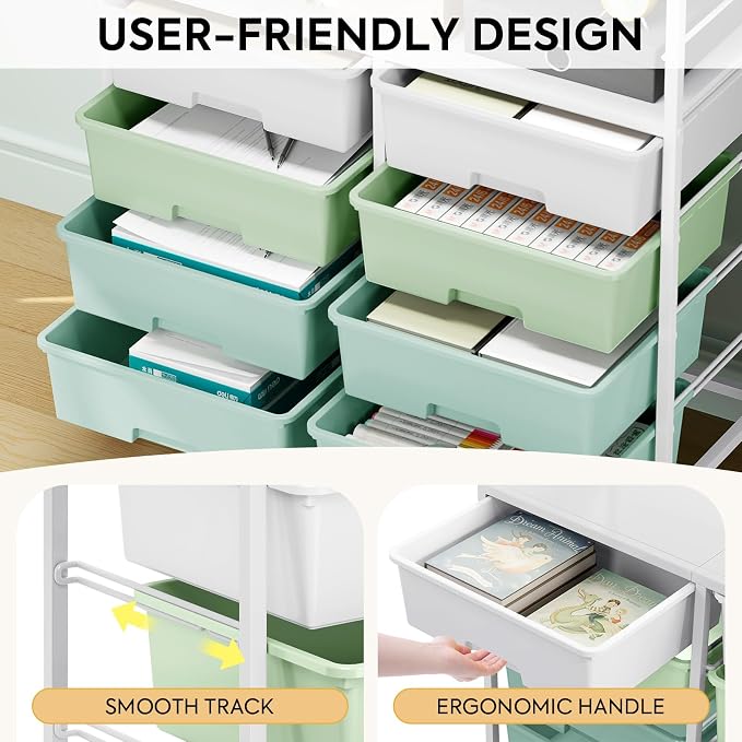Rolling Storage Cart with 8 Large Drawers, Wooden Tabletop | Open Storage Shelves, Mobile Craft Organizer with Lockable Wheels for Home, Classroom, Office Supplies & Art Studio,Green