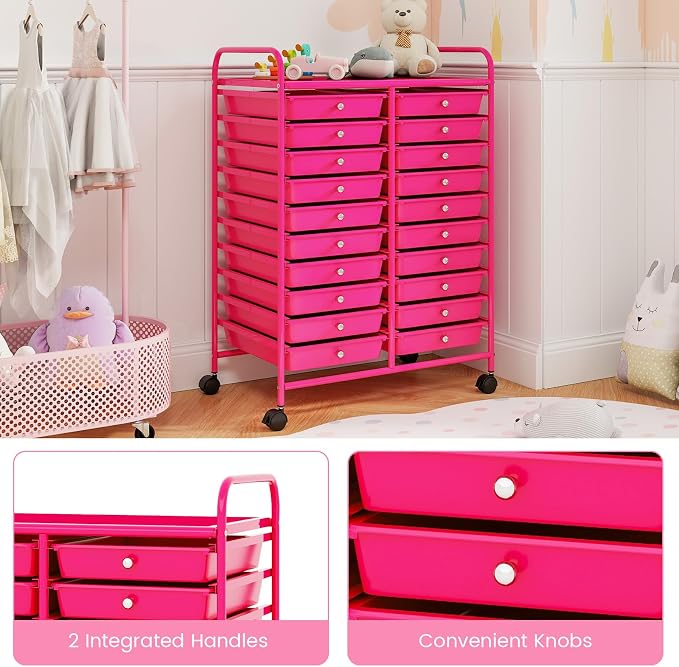 RELAX4LIFE 20-Drawer Rolling Storage Cart - Mobile Rolling Cart w/Drawers for School Classroom Teacher Office Home Salon, Paper File Art Supply Craft Organizer, Utility Cart on Wheels (Hot Pink)