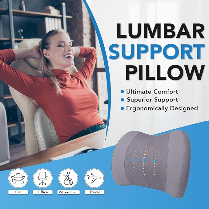 Lofty Aim Lumbar Support Pillow for Car, Car Seat Back Support for Driving | Memory Foam Car Lumbar Support for Driving Seat, Car Back Cushion, Adjustable Straps, Lower Back Pillow, Office Chairs, Gray
