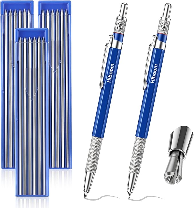 Hiboom 2 Pcs Welders Pencil with 36 Silver Round Refills 2 mm Mechanical Pencils Refill, Metal Marker Set for Pipe Fitter Welder Steel Construction Fabrication Wood Working Metal Layout Fabrication