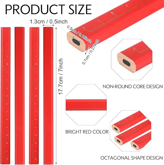 Lincia 300 Pcs Carpenter Pencils 7 Inch Octagonal Flat Carpenter Marking Pencils Hard Black Construction Contractor Pens for Woodworking and Concrete Marking(Red)
