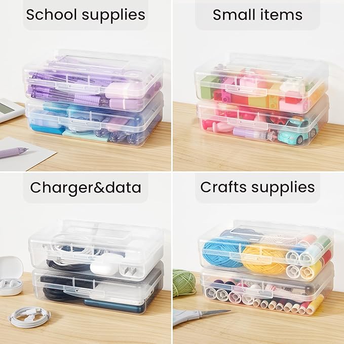 Sooez Plastic Pencil Case Box 6 Pack, Large Craft Storage Boxes Bulk, Plastic Containers with Snap-tight Lids, Hobby Art School Supply 0rganizer, Marker Bead Pen Bins Organizer,Stackable, Multicolor