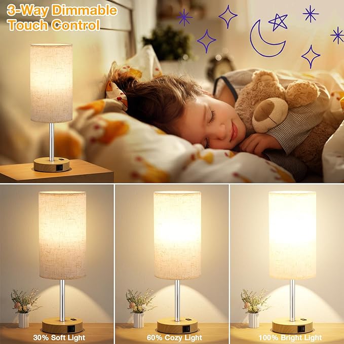 Dicoool 17.4" Bedside Lamp for Bedroom - Dimmable Touch, USB A+C, AC Outlet | LED Bulb Included, 3-Way Dimmable, 17.4" Table Lamp for Guest Room, Living Room, Fabric Lampshade, Wood-Grain Metal Base