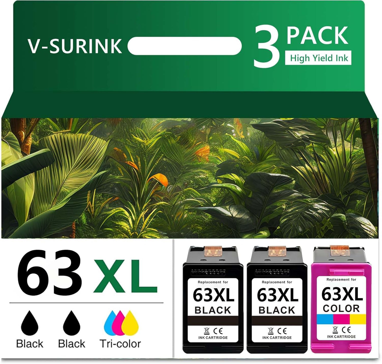 Compatible -Hp 63xl Ink Cartridge Combo Pack, Hp Office Jet 3830 Printer Ink Cartridges - 63xl High Yield 3-Pack (2 Black + 1 Tri-Color), for Envy 4510/4520, Officejet 4650/5200 (Not for Hp+)