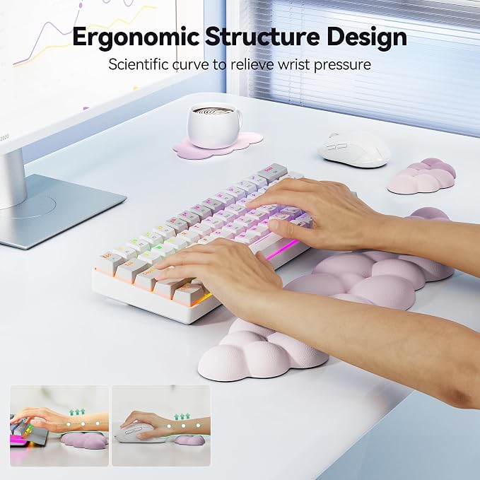 TECKNET Cloud Keyboard Wrist Rest Set, Cloud Wrist Rest with Non-Slip Base, PU Leather Wrist Pad for Keyboard with Ergonomic Memory Foam for Computer Laptop Office Gaming Pain Relief, Gradient Purple
