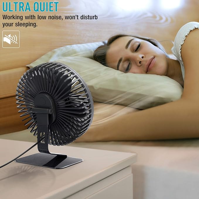 SLENPET 6-inch USB Small Desk Fan, 4 Speeds, Powerful Desktop Table Fan | Ultra-quiet, 90° Adjustment for Better Cooling, Portable Mini Personal Fan for Home Office, Metal Base, Black
