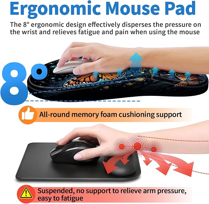 YIWEI Ergonomic Mouse Pad with Wrist Rest for Carpal Tunnel Pain Relief | Memory Foam Wrist Support,Non-Slip Rubber Base, Keyboard Computer Mousepad,Lycra Cloth Surface,Gaming Home Office