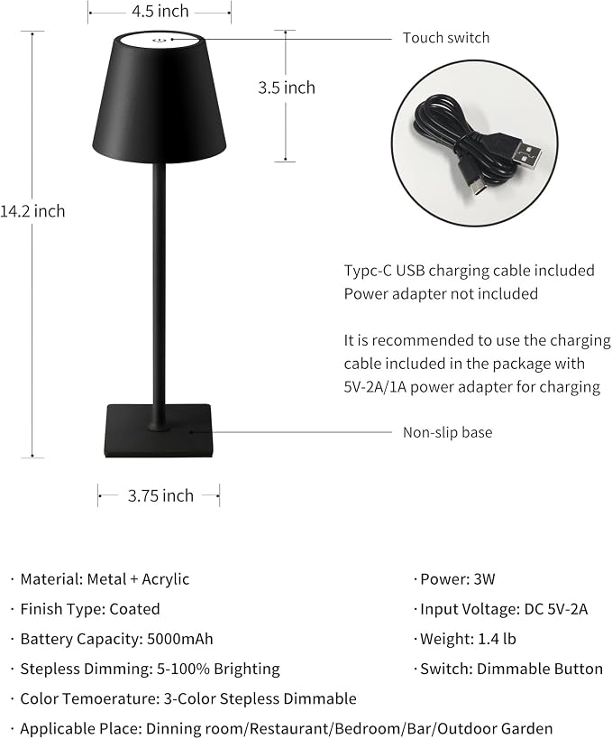 KDG Cordless Black Table Lamp, Portable Desk Lamp, 5000mAh Battery Operated | LED 3 Color Stepless Dimming Up, for Restaurant, Bedroom, Bars, Outdoor Party, Camping, Coffee Shop, Atmosphere Night Light