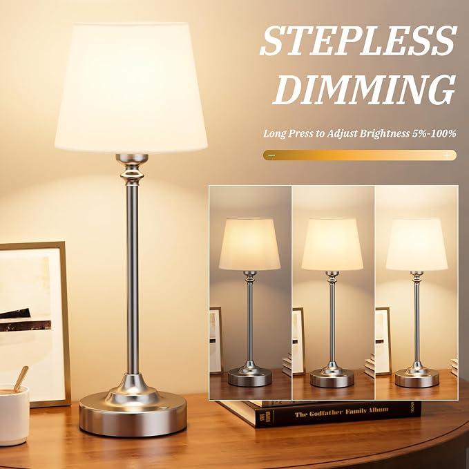 Kakanuo Cordless Table Lamp Rechargeable Silver - 1 Pack 4000mAH Battery Operated Lamp for Decor, 3000K Stepless Dimming Touch Control Wireless Lamp for Bedroom, Dining Table, Counter, Living Room