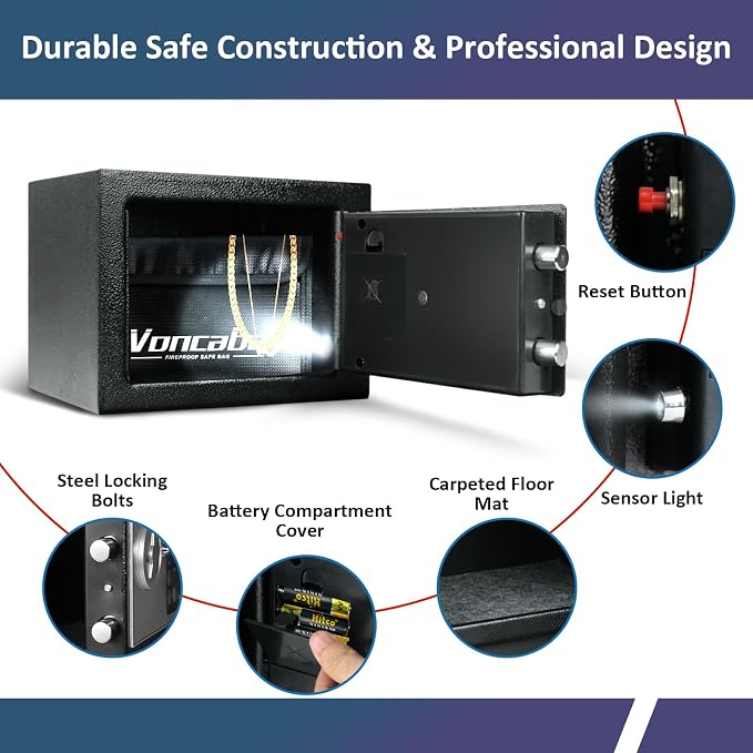 Voncabay Money Safe Box for Home with Sensor Light & Fireproof Money Bag - 0.23 Cubic Feet Security Safe Box with Digital Keypad, Keys & Pass Code Lock, 9.05" W x 6.69" D x 6.69" H, Black